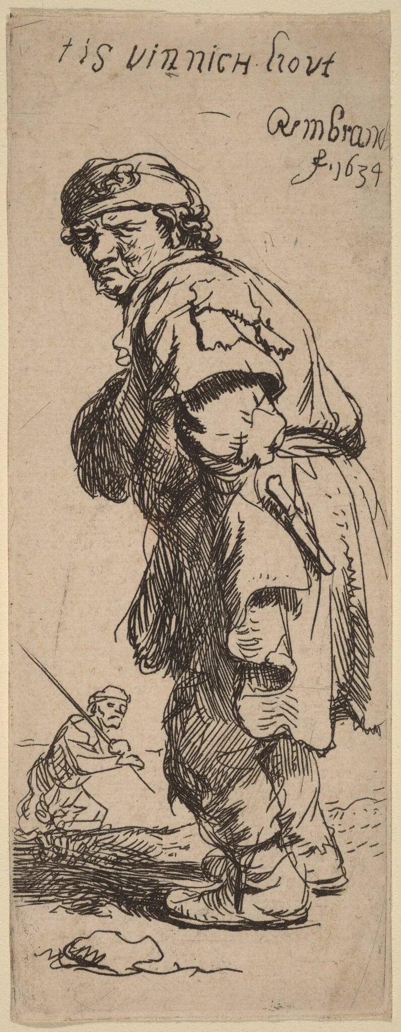 A Peasant Calling Out: "tis vinnich kout" (It's biting cold), by Rembrandt, ink, 1634