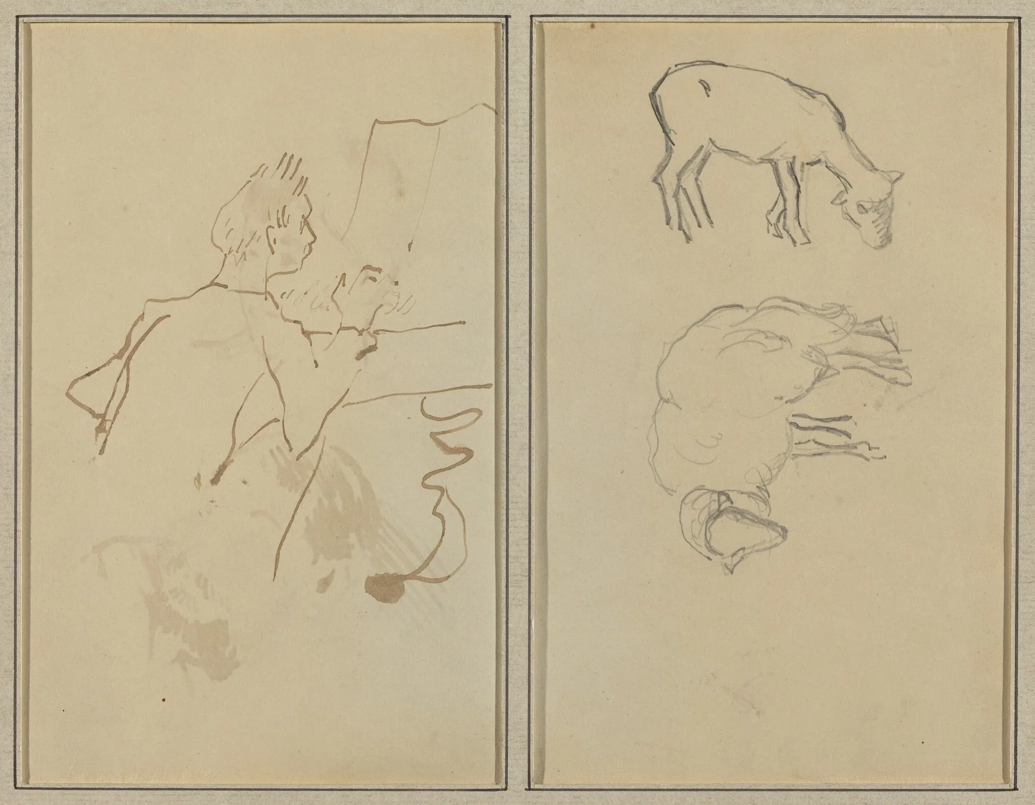 Man Playing Piano; Two Sheep [verso], by Paul Gauguin, ink, 1886