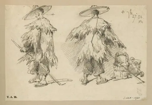 Two Chinese men in wet-weather dress