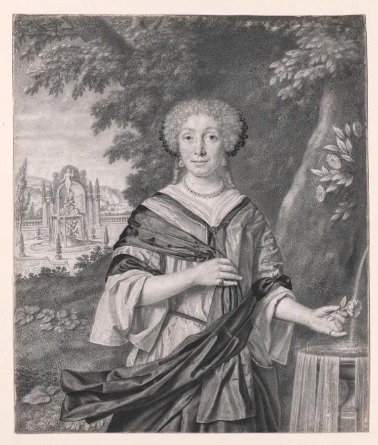 Portrait of a Woman near a Fountain, a Rose in Her Hand, by Johan Thopas, 1682