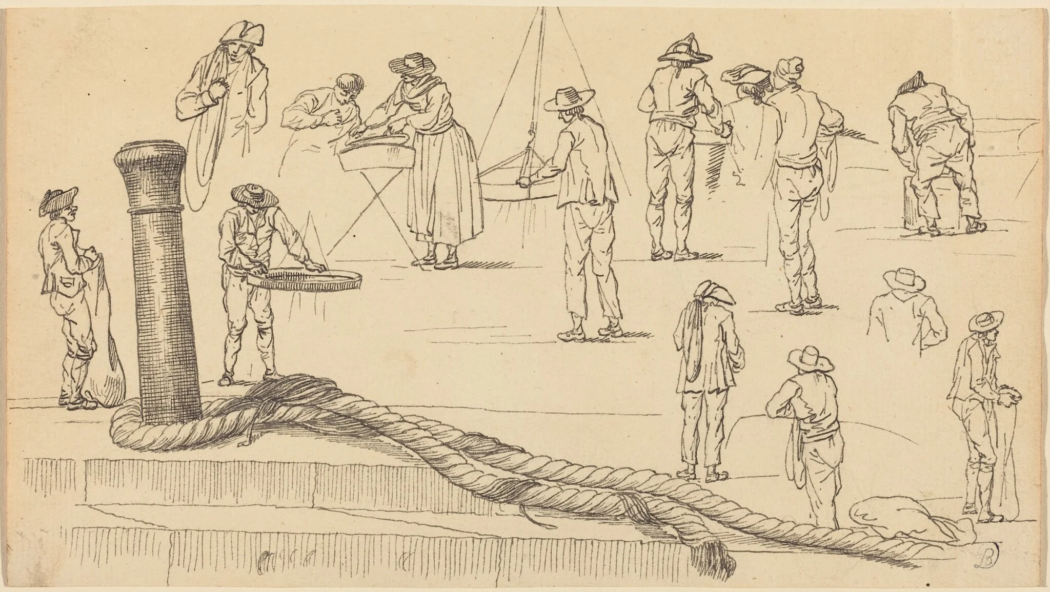 Quayside Figures and a Length of Rope Attached to a Bollard, by Claude-Joseph Vernet, ink, 1752