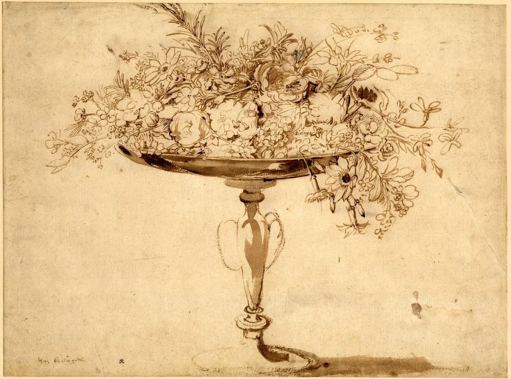 A tazza-shaped vase with flowers tumbling over the bowl, by Jan Brueghel, the elder, oil, 1620