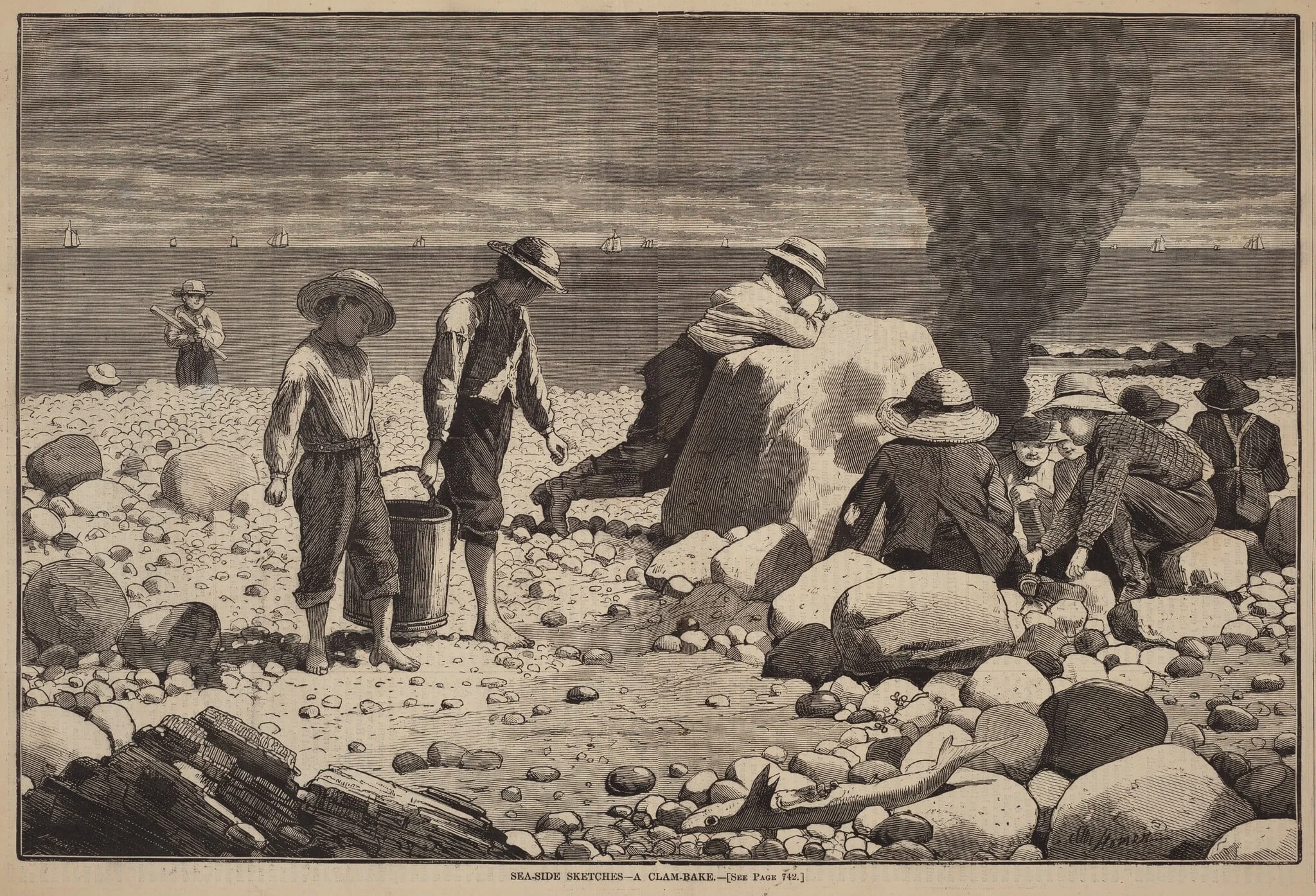 Sea-Side Sketches - A Clam-Bake, by William H. Redding, ink, 1873