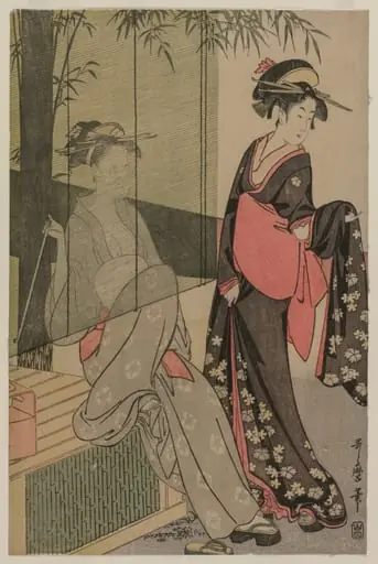 Two Women by a Bamboo Blind