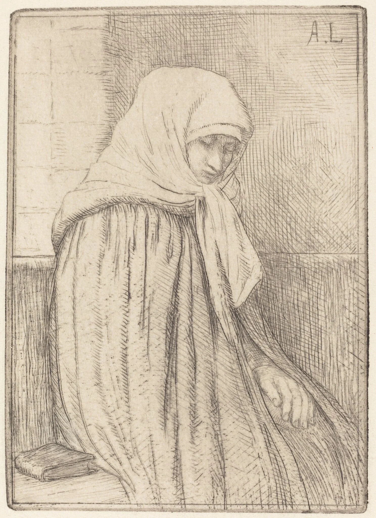 Young Peasant Seated in a Church (Jeune paysanne assise dans une eglise), by Alphonse Legros, ink, 1874