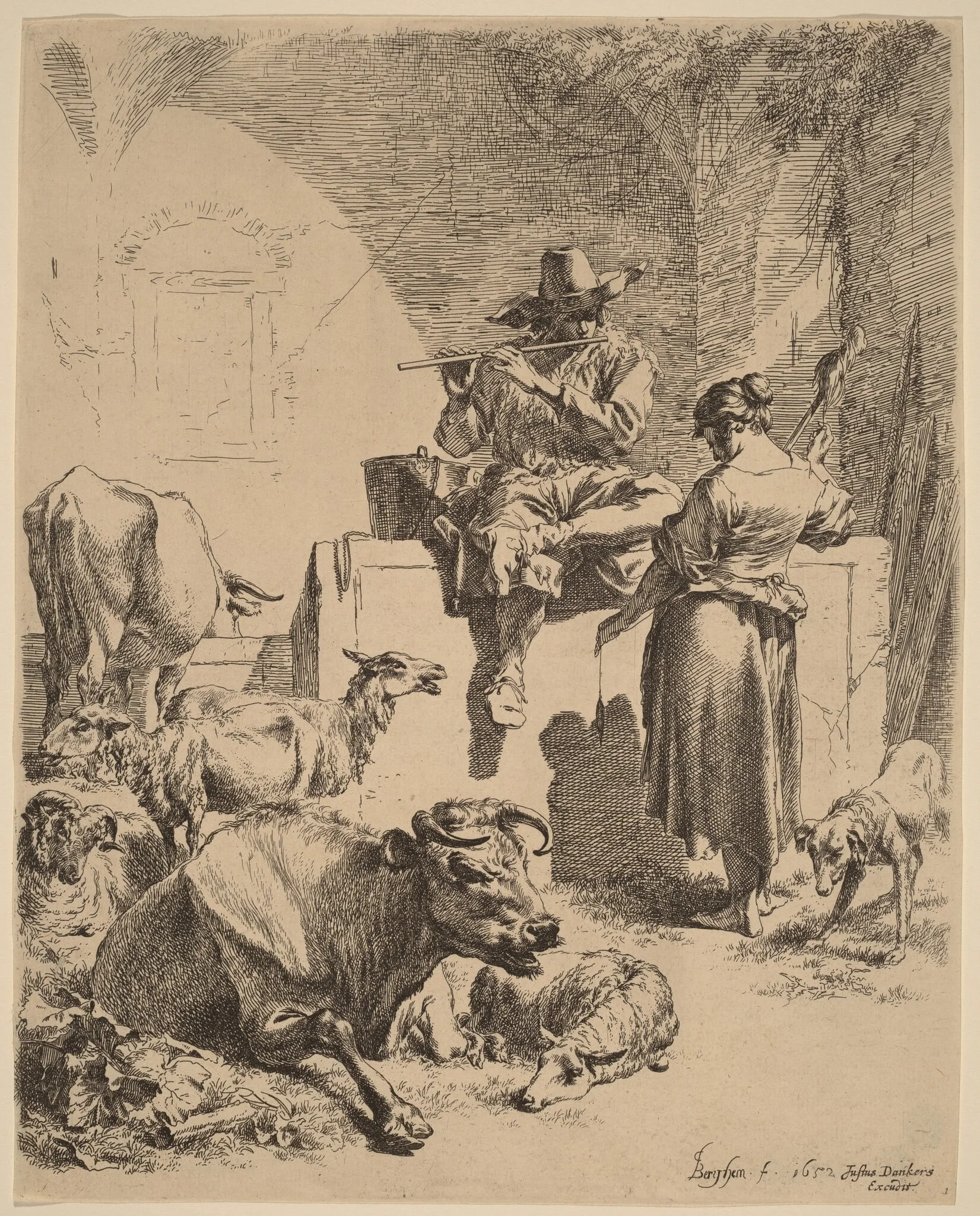 The Shepherd Seated on a Fountain and the Spinner, by Nicolaes Pieterszoon Berchem, ink, 1652