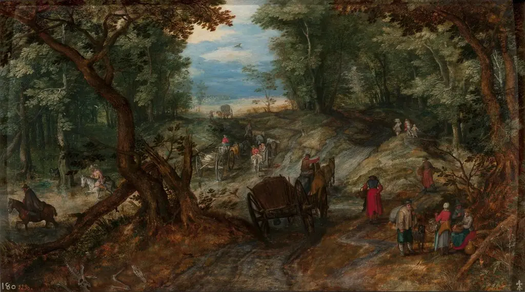 Forestroad next to a fordable pond wiht travelers