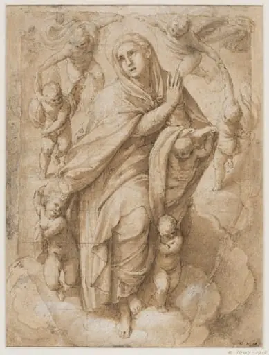 A female saint surrounded by cherubs