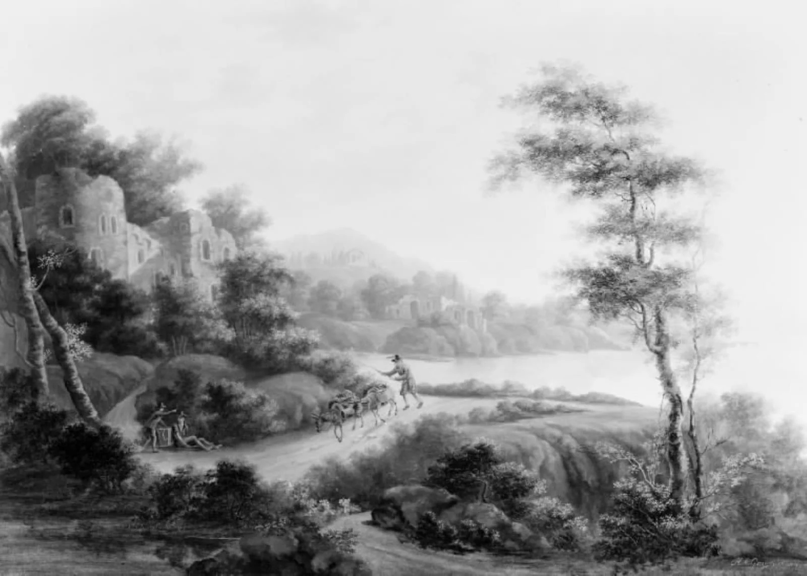 Bjerglandskab med ruiner, by Unknown, 1807