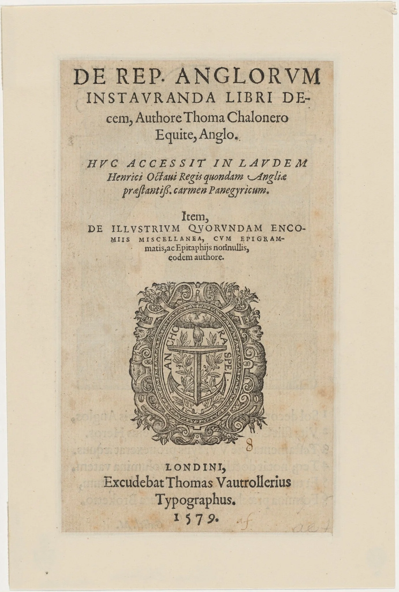 Title Page to De Republicae Anglorum by Thomas Chaloner