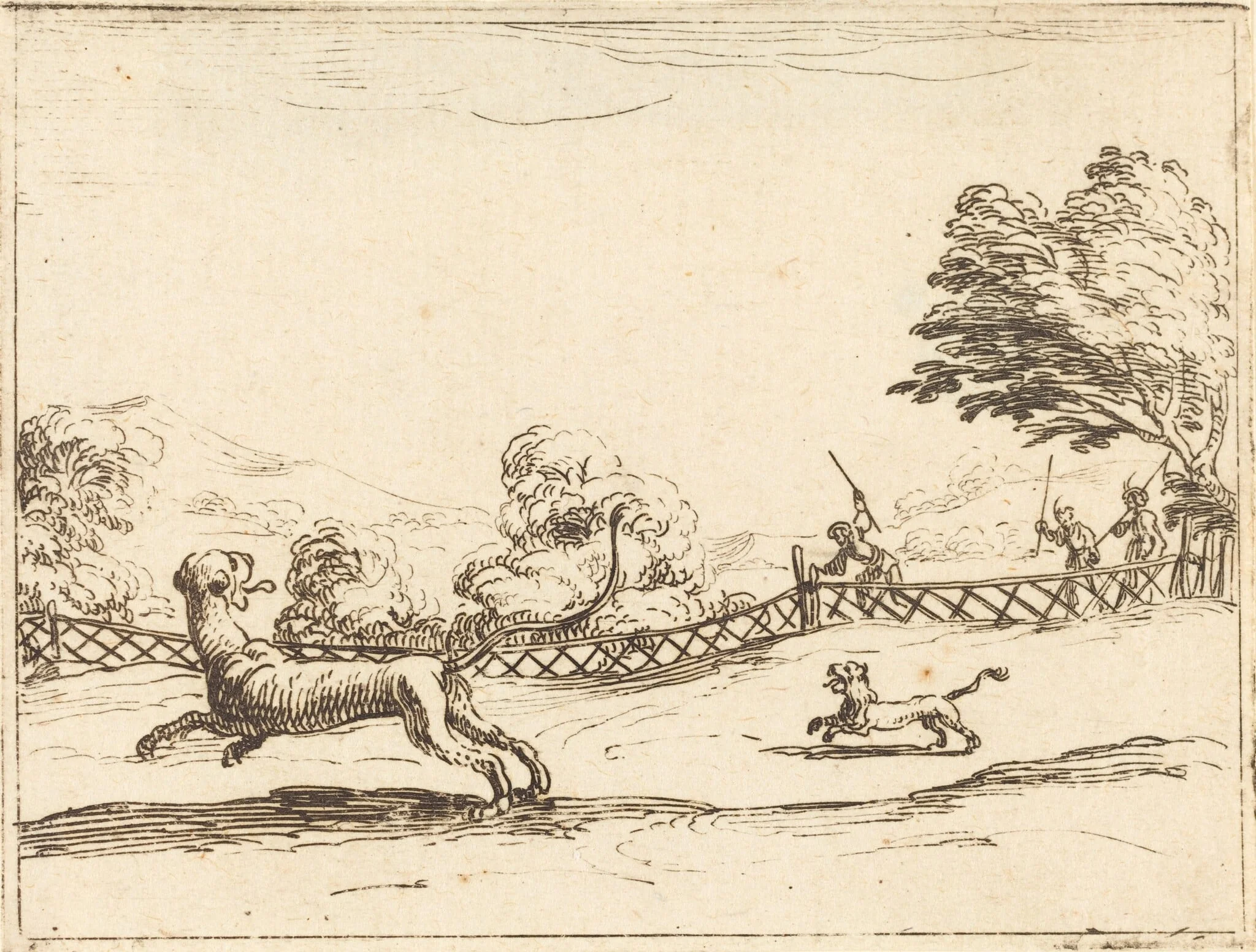 Lioness and Cub Pursued by Hunters, by Jacques Callot, ink, 1628