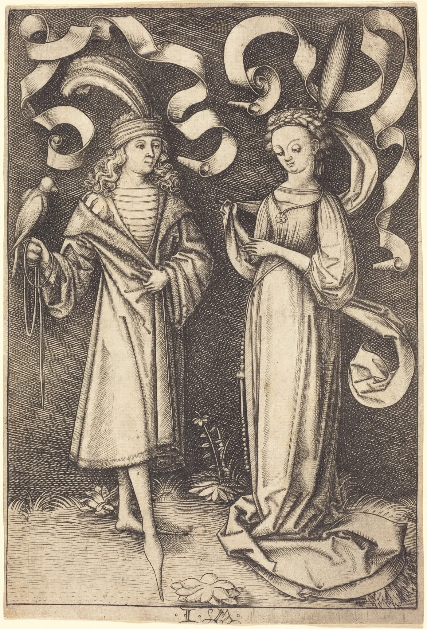 The Falconer and Noble Lady, by Israhel van Meckenem, ink, 1499
