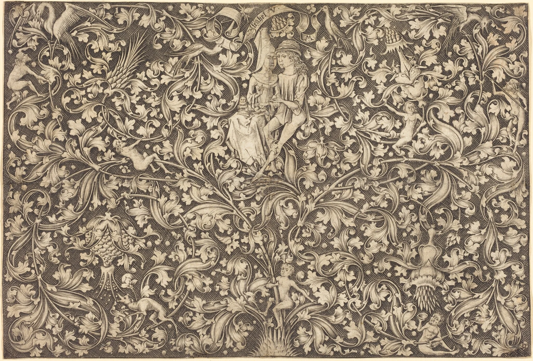 Ornament Panel with Two Lovers, by Israhel van Meckenem, ink, 1495
