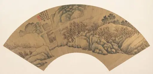 明　吳彬　翠壁丹楓　扇|Azure Cliff with Red Maples