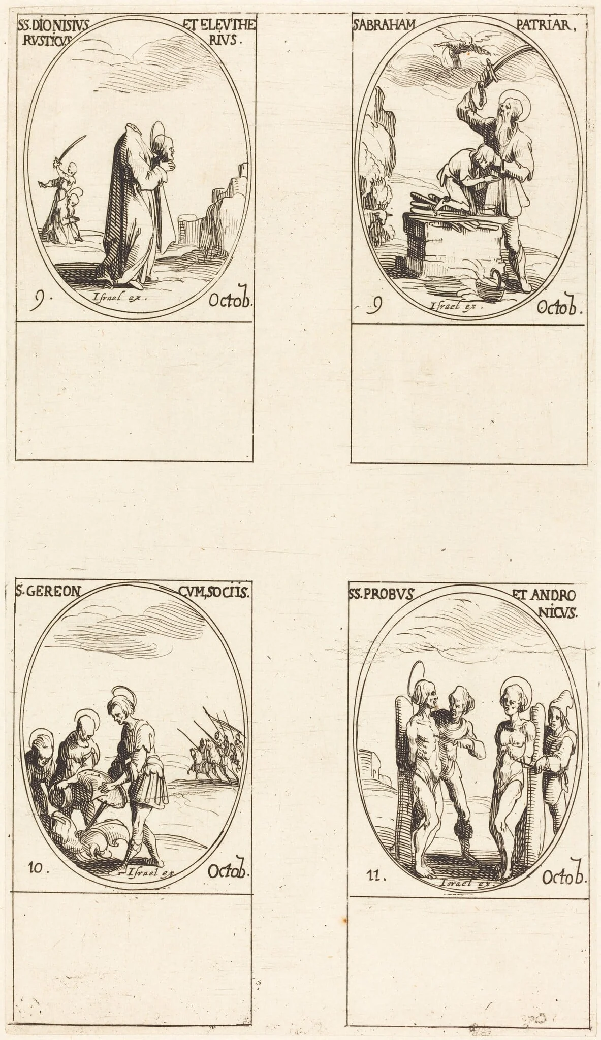 St. Dionysius, Rusticus & Eleutherius; St. Abraham; St. Gereon & Companions; Sts. Probus &  Andronichus, by Jacques Callot, ink, 1634
