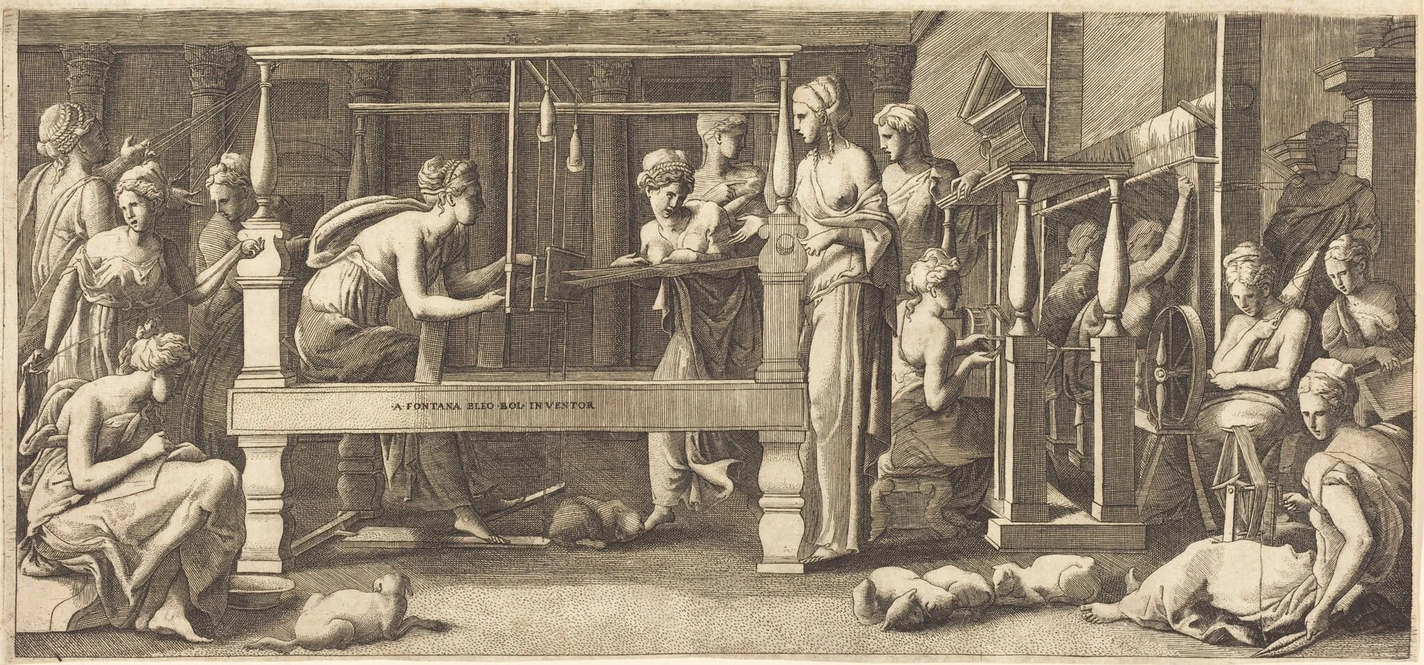 Penelope and Her Maids Weaving, by Master FG, ink, 1545