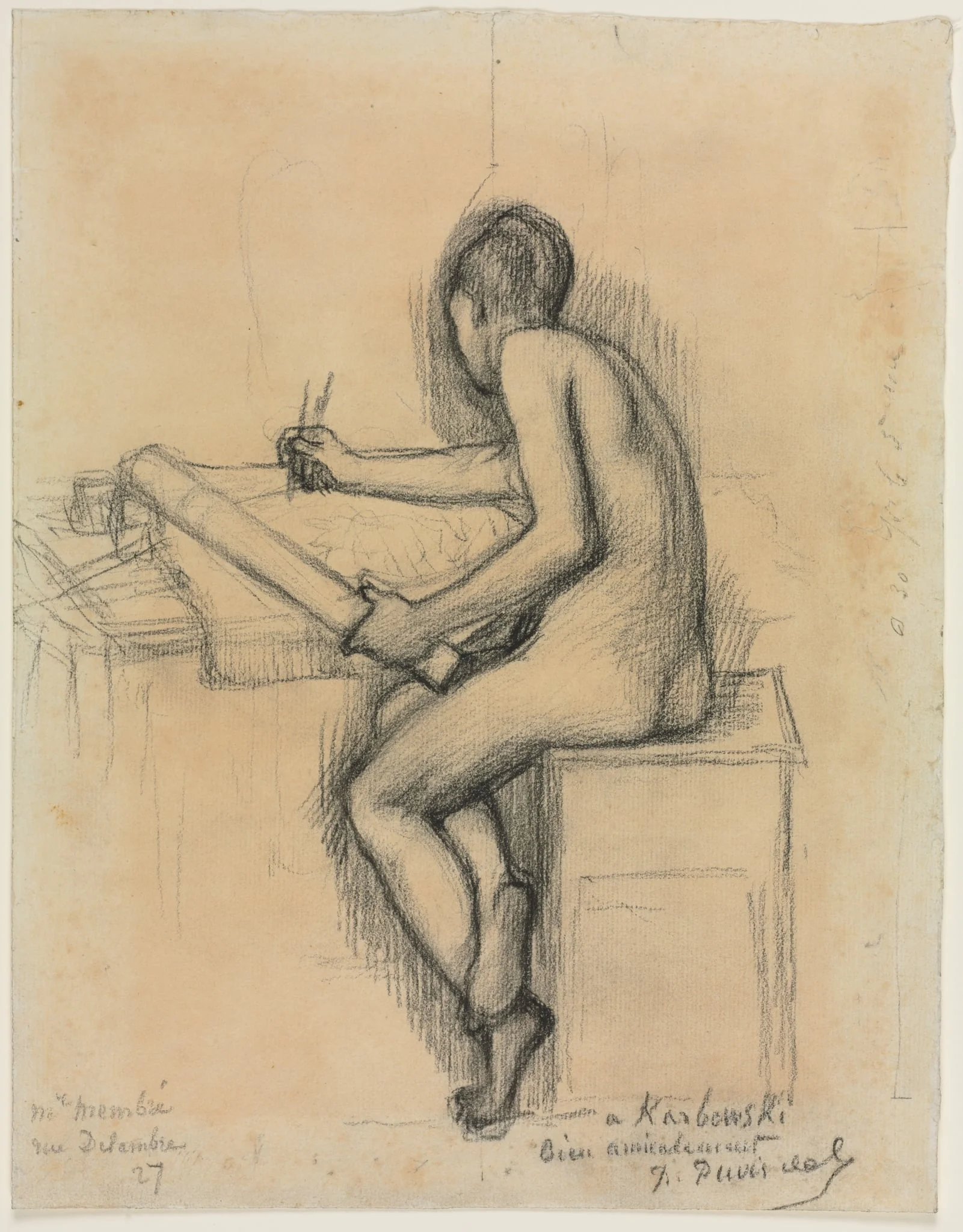 Study of a Seated Nude Female Model Drawing, by Pierre Puvis de Chavannes, 1893