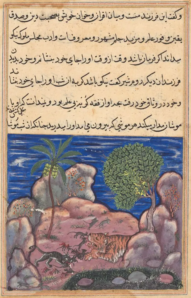 The cat attacks the mice which disturb the lion, from a Tuti-nama (Tales of a Parrot): Fifteenth Night