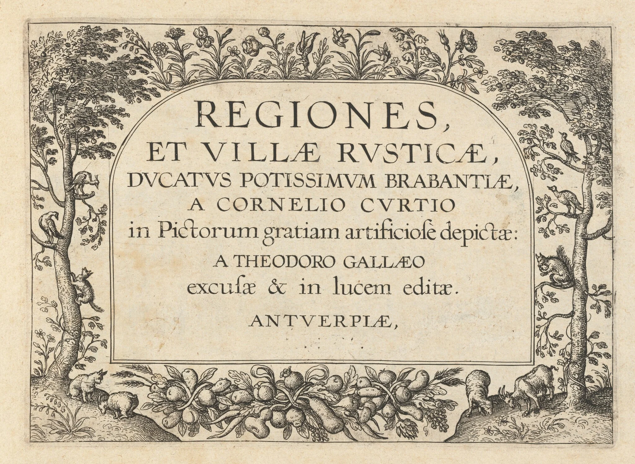 Title Page for "Regiones et Villae Rusticae", by Theodor Galle, ink, 1633
