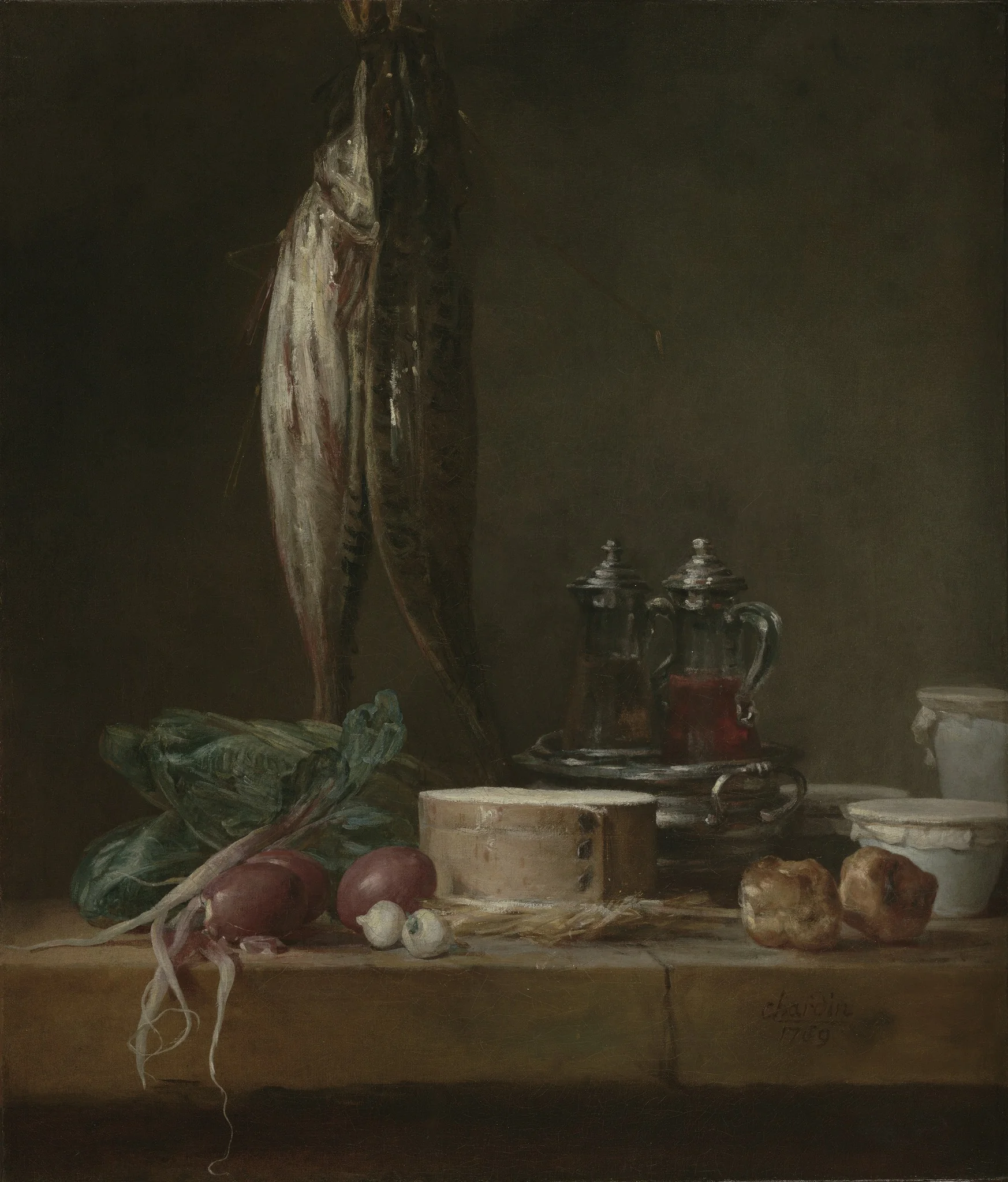 Still Life with Fish, Vegetables, Gougères, Pots, and Cruets on a Table, by Jean-Baptiste-Siméon Chardin, oil, 1769