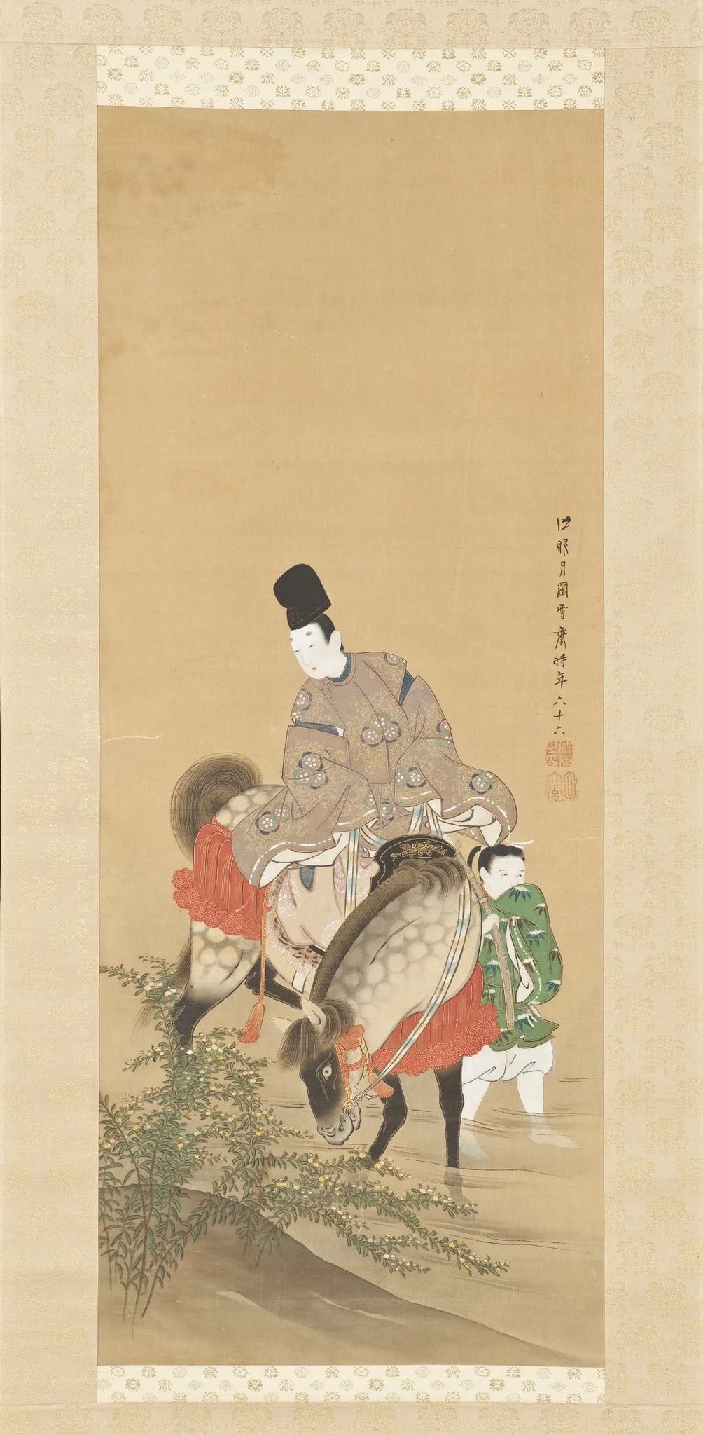 Mounted Courtier Crossing the River Tamagawa at Ide, by Tsukioka Sessai, unspecified, 1850