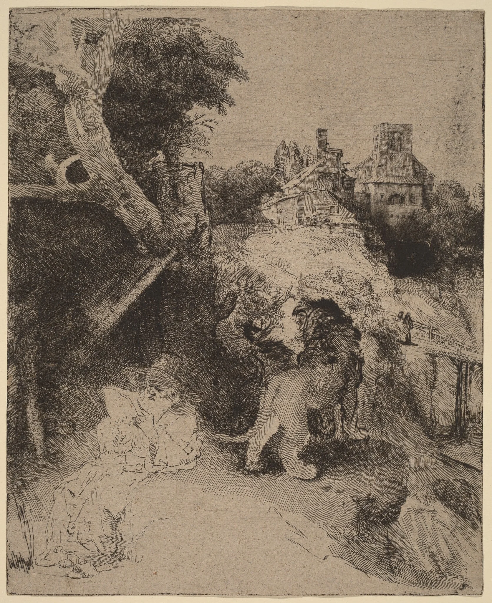 Saint Jerome Reading in an Italian Landscape, by Rembrandt, ink, 1653