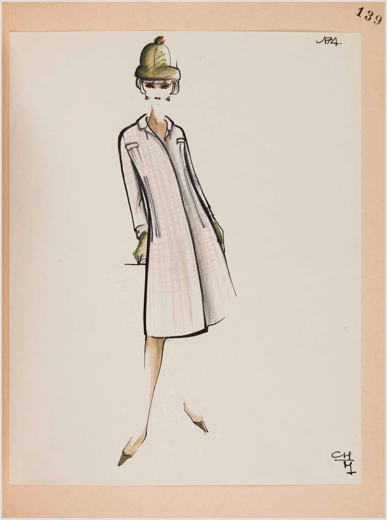 Manteau cintré évasé à carreaux bis à manches longues et descendant aux genoux et chapeau et gants vert asperge, by Carven, 1963