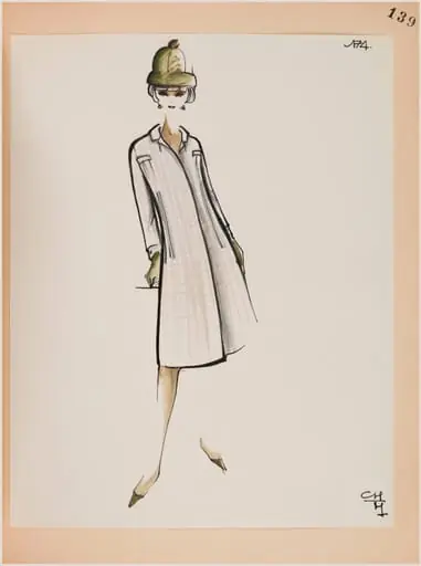 Manteau cintré évasé à carreaux bis à manches longues et descendant aux genoux et chapeau et gants vert asperge