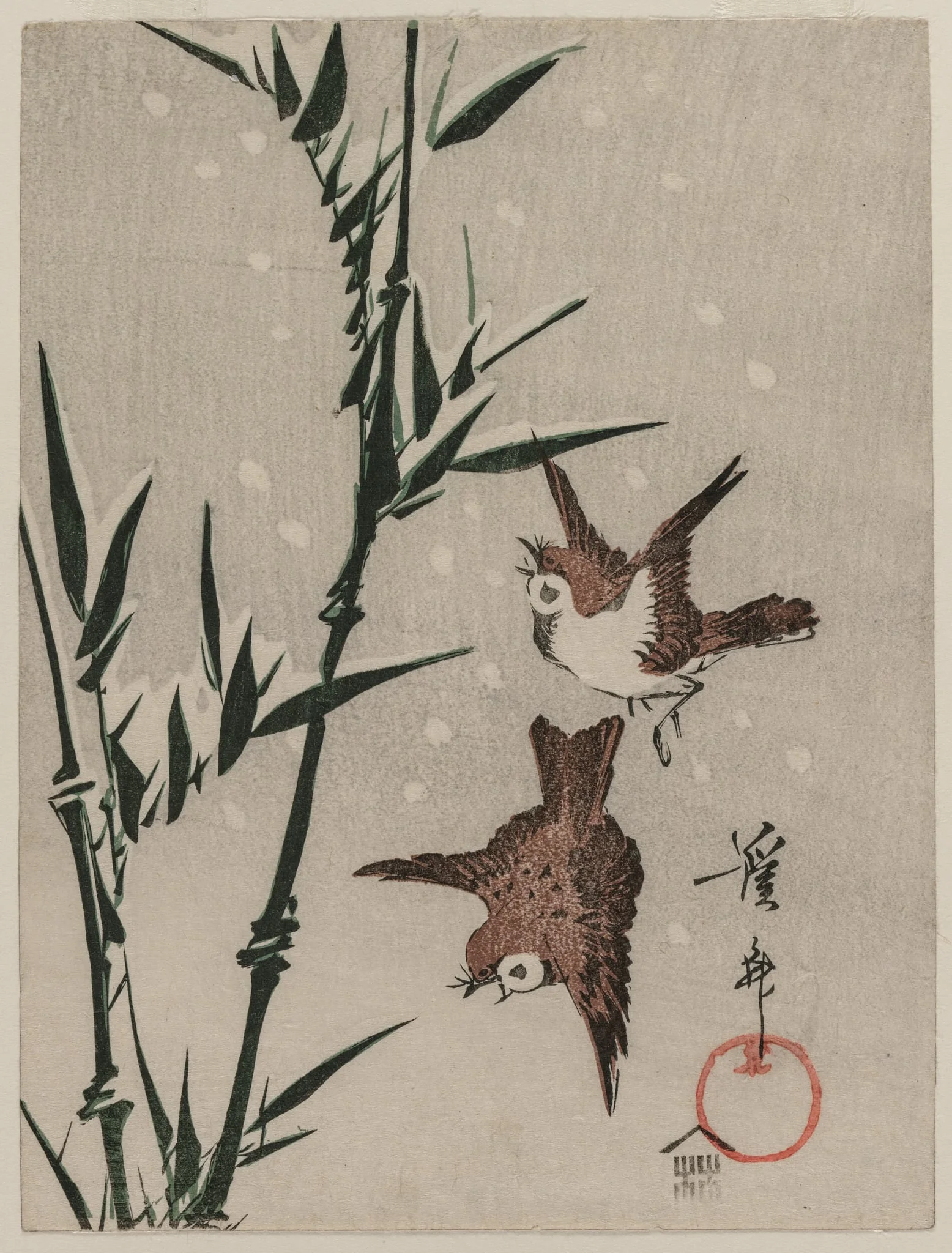 Sparrows, Bamboo and Falling Snow, by Keisai Eisen, 1824