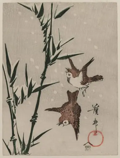 Sparrows, Bamboo and Falling Snow
