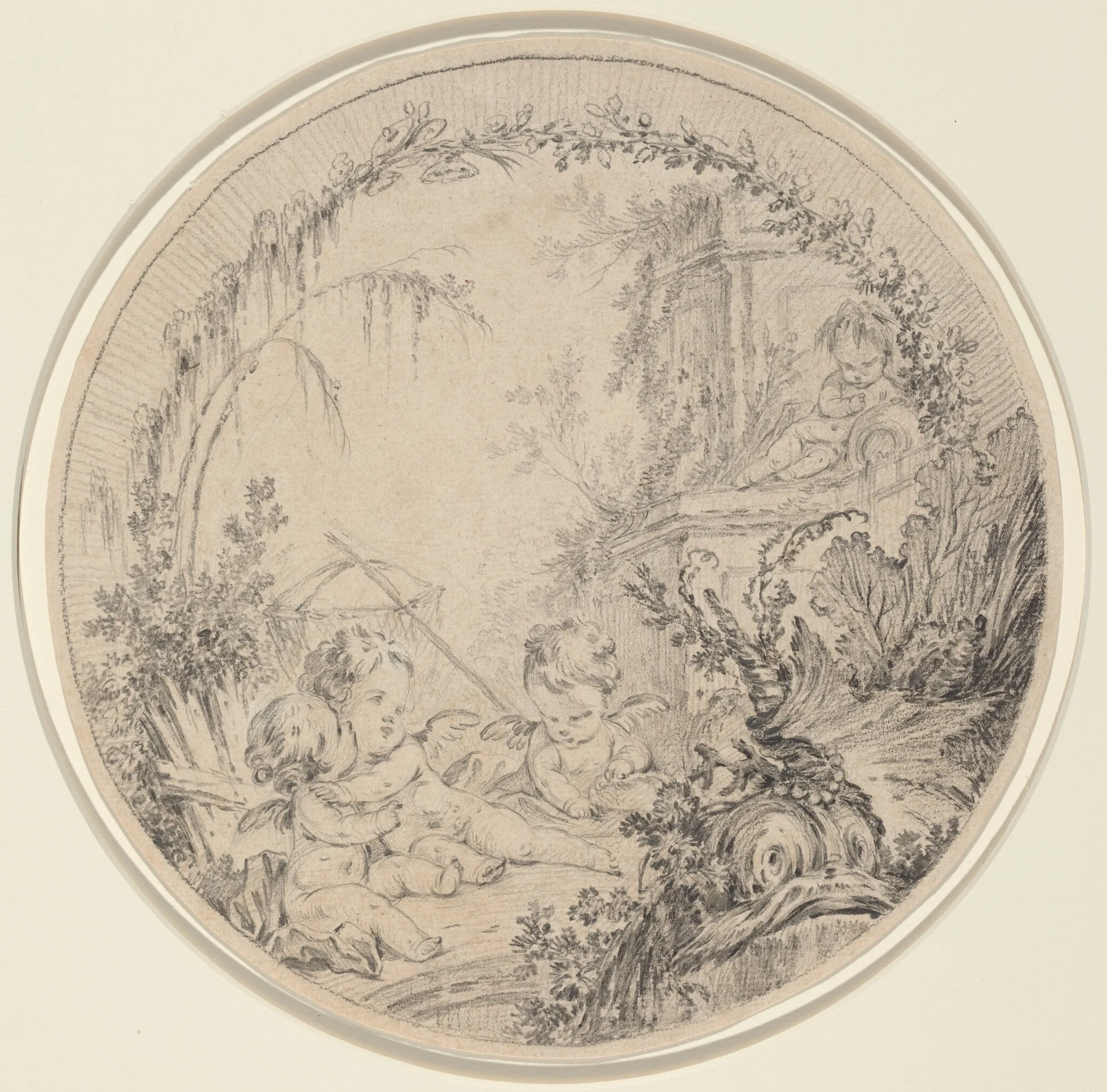 Three Putti with a Fishing Net, by Charles Eisen, chalk, 1749