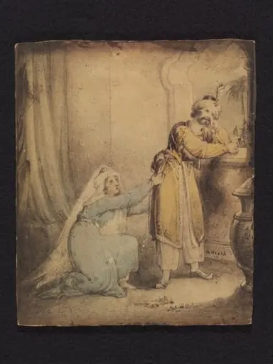 An Oriental Woman kneeling to plead with a Man who stands at a window