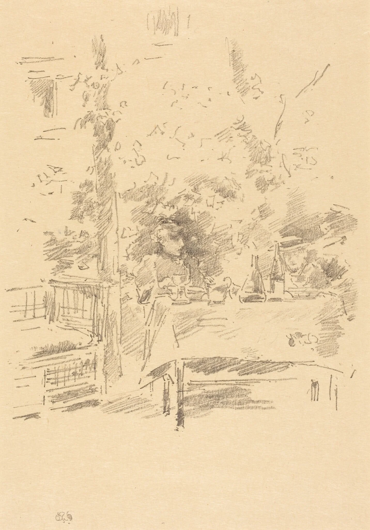 Tête-à-tête in the Garden, by James McNeill Whistler, ink, 1894