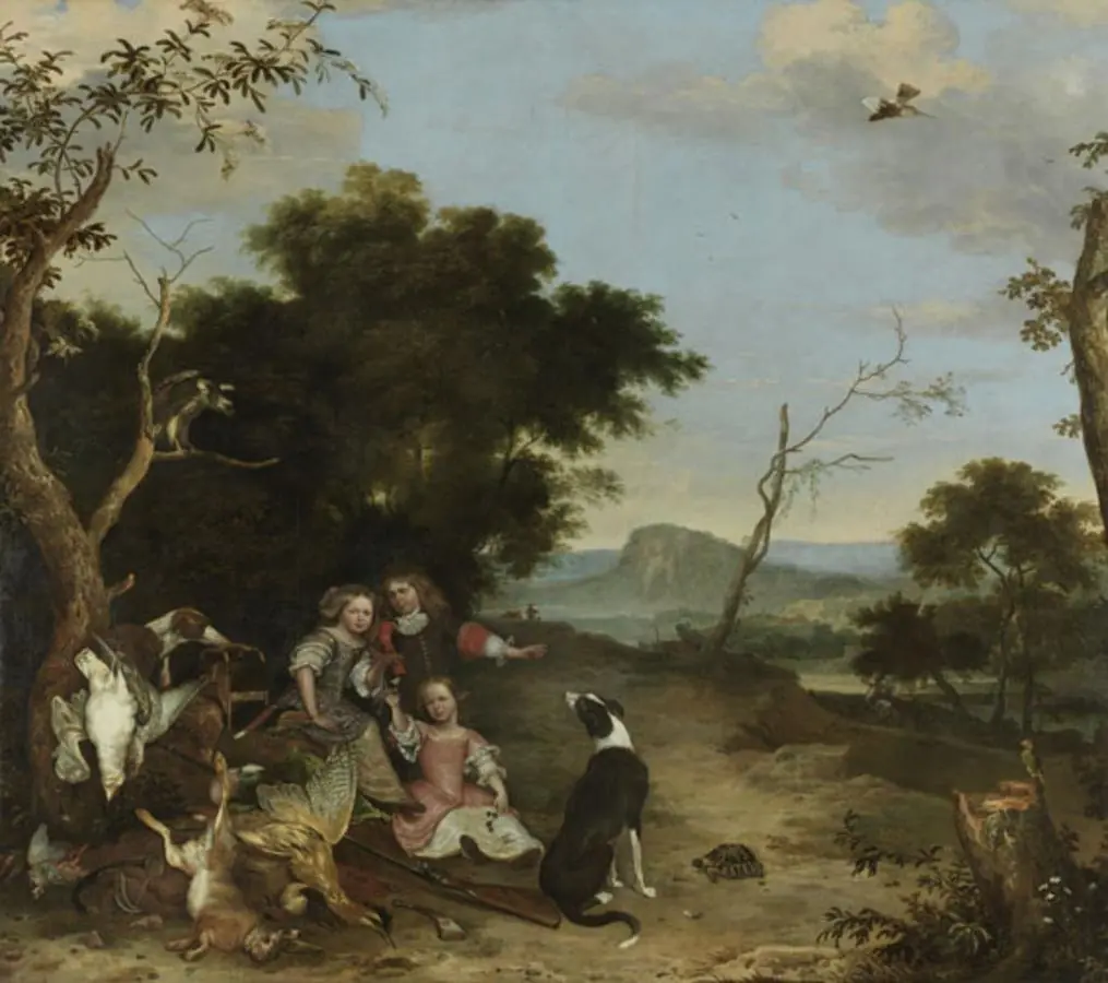 Bildnis von drei Kindern in einer Landschaft mit Jagdbeute