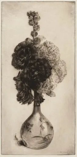 Hollyhocks in a Long-necked Vase