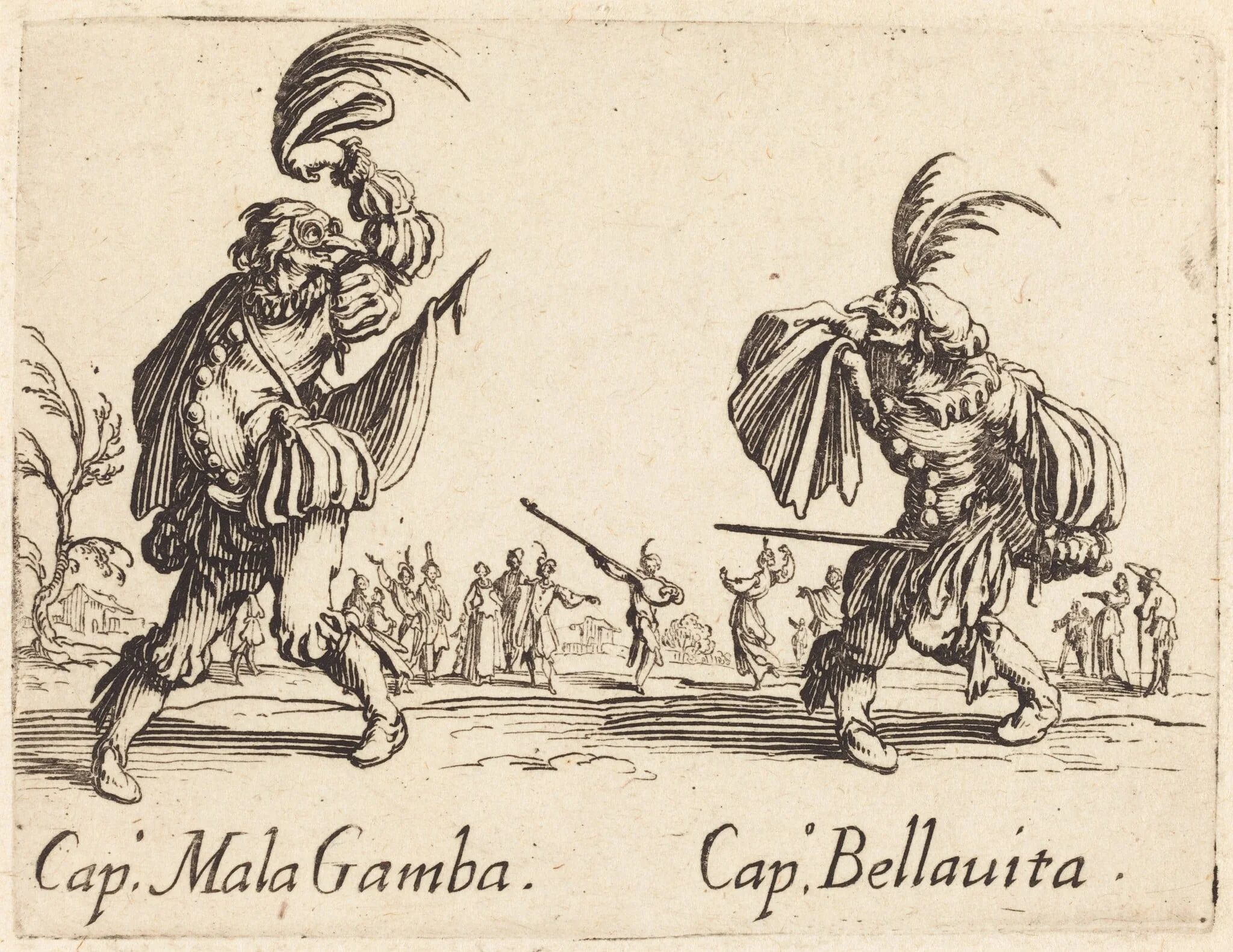 Cap. Mala Gamba and Cap. Bellavita, by Jacques Callot, ink, 1622