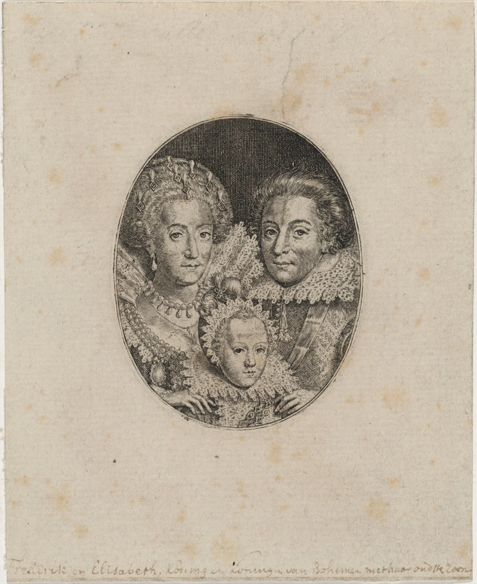 Frederick V, Elizabeth, and Prince Frederick Frederick Henry, by Simon van de Passe, ink, 1621