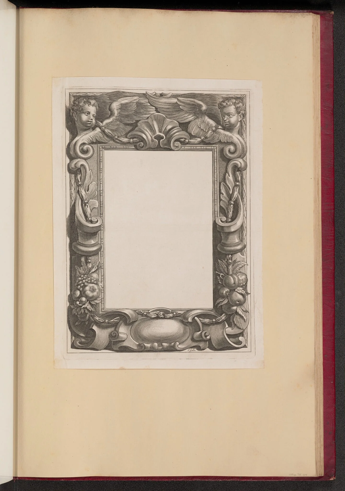 Border Illustration with Two Putti and Fruit, by Cornelis Galle I, ink, 1613