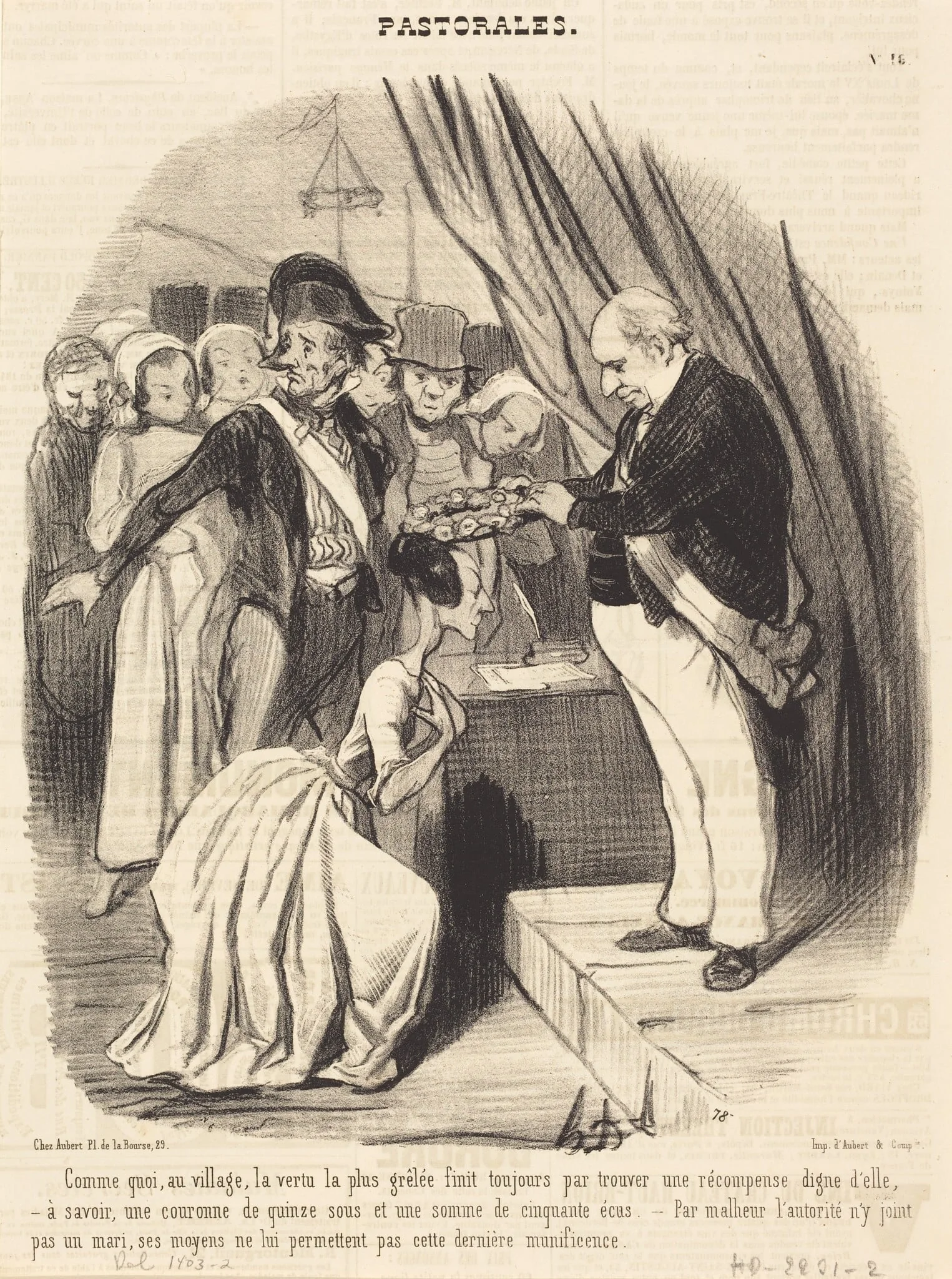 Comme quoi, au village, la vertu la plus grêlée..., by Honoré Daumier, ink, 1845