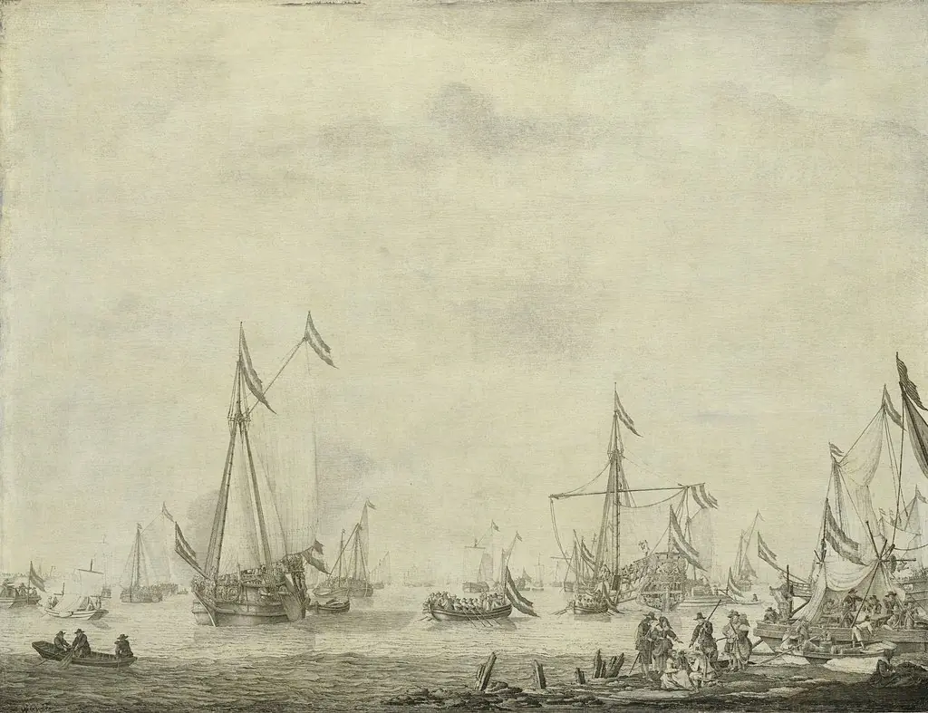 The prince's yacht and the sate yacht leaving Moerdijk with Charles II of England on board, 1660