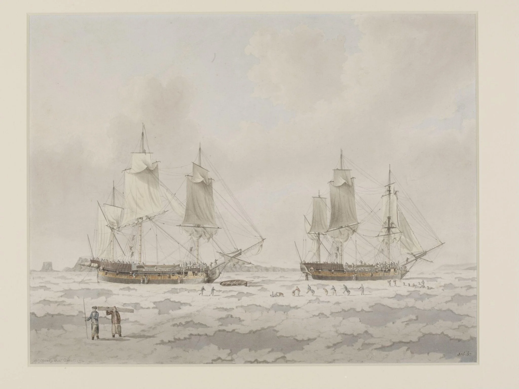 The ships 'Race-horse' and 'Carcass' of Captain Phipps' expedition embedded in ice in the Polar Regions