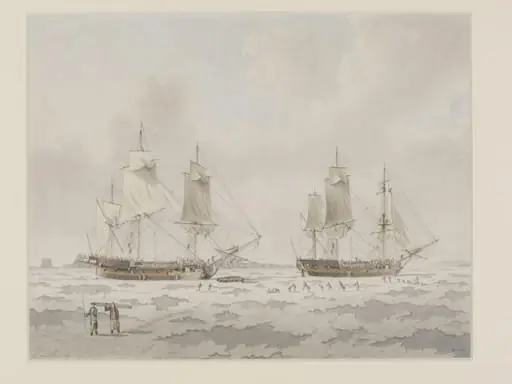 The ships 'Race-horse' and 'Carcass' of Captain Phipps' expedition embedded in ice in the Polar Regions