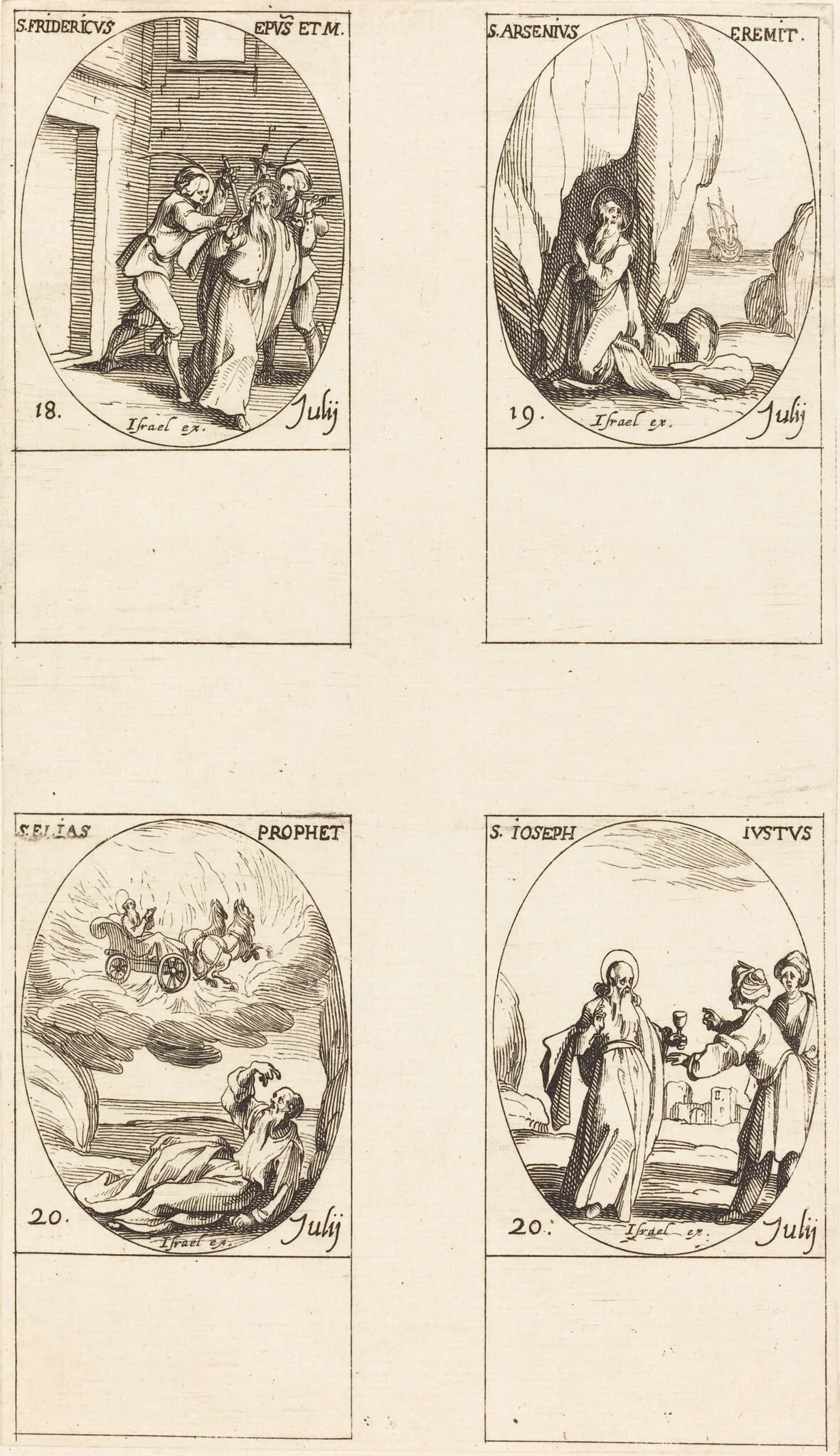 St. Frederick; St. Arsenius, Hermit; St. Elias, Prophet; St. Joseph the Just, by Jacques Callot, ink, 1634