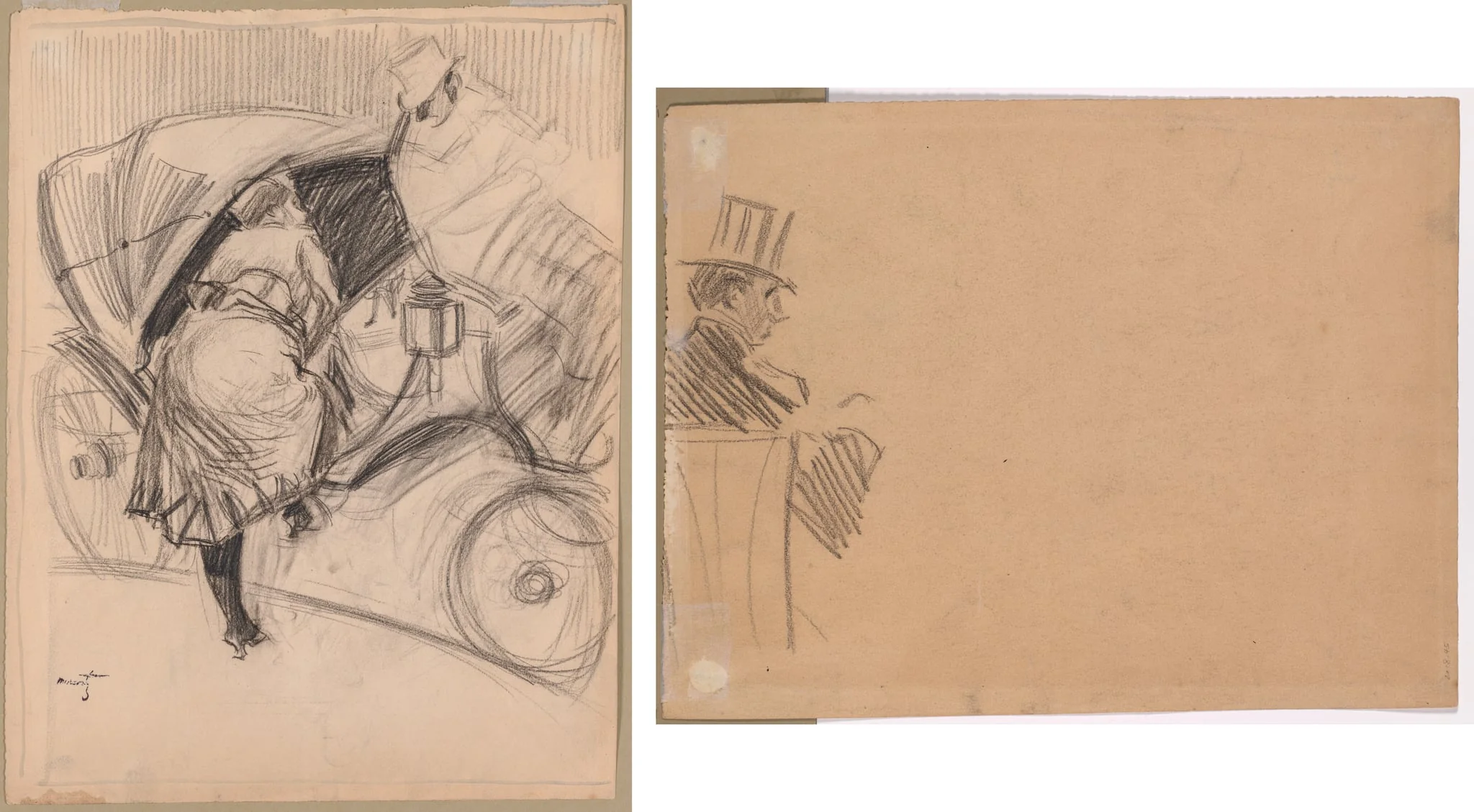 Woman Entering a Fiacre (recto); Right Profile of Man Wearing Tall Hat (verso), by Jean-Louis Forain, 1804