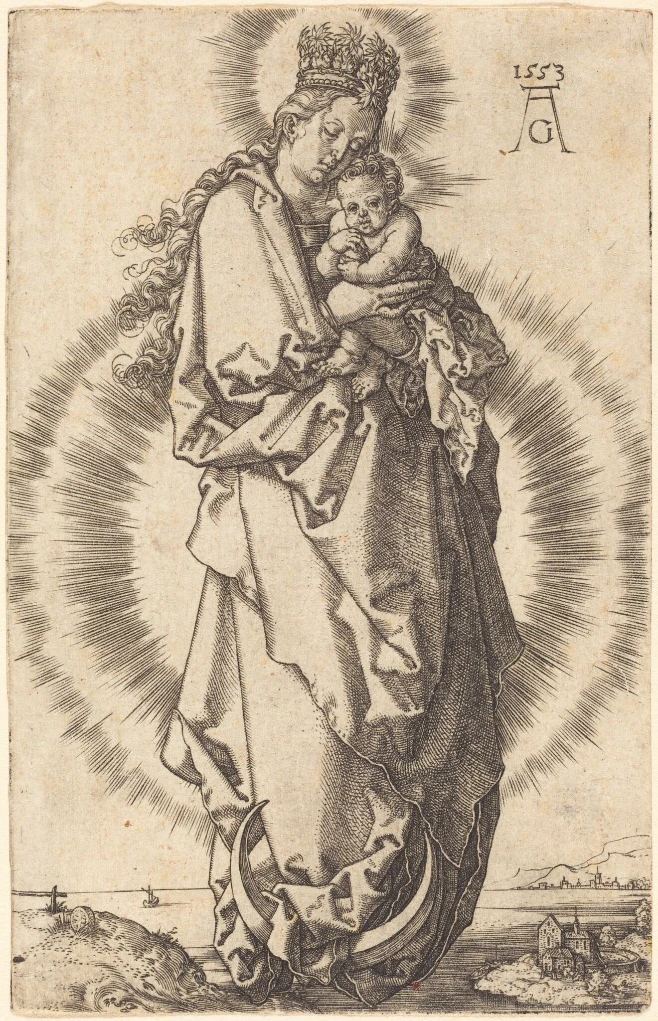 The Virgin with the Child on the Crescent, by Heinrich Aldegrever, ink, 1553