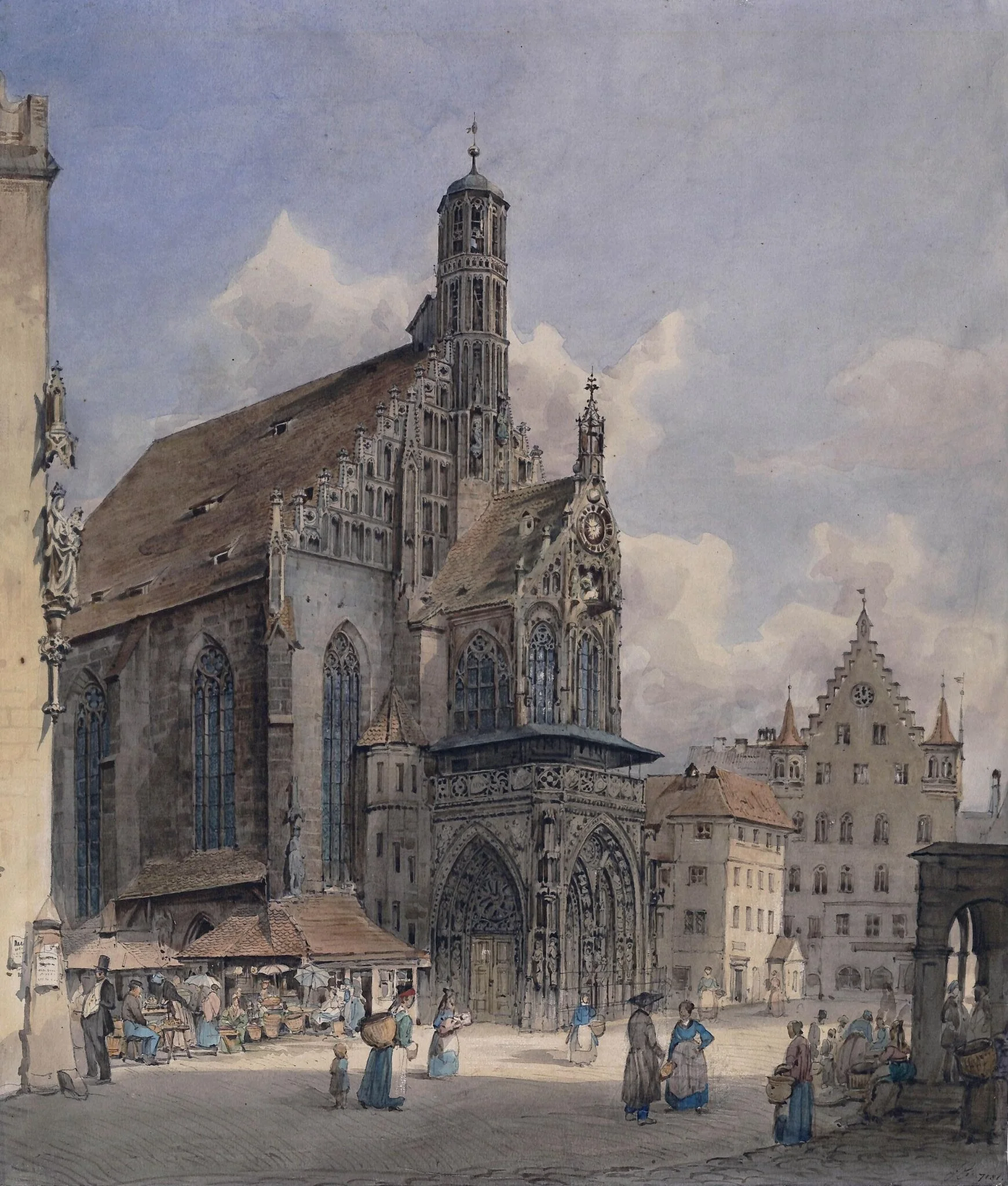 Market place, Nuremberg, by Unknown, watercolor, 1850