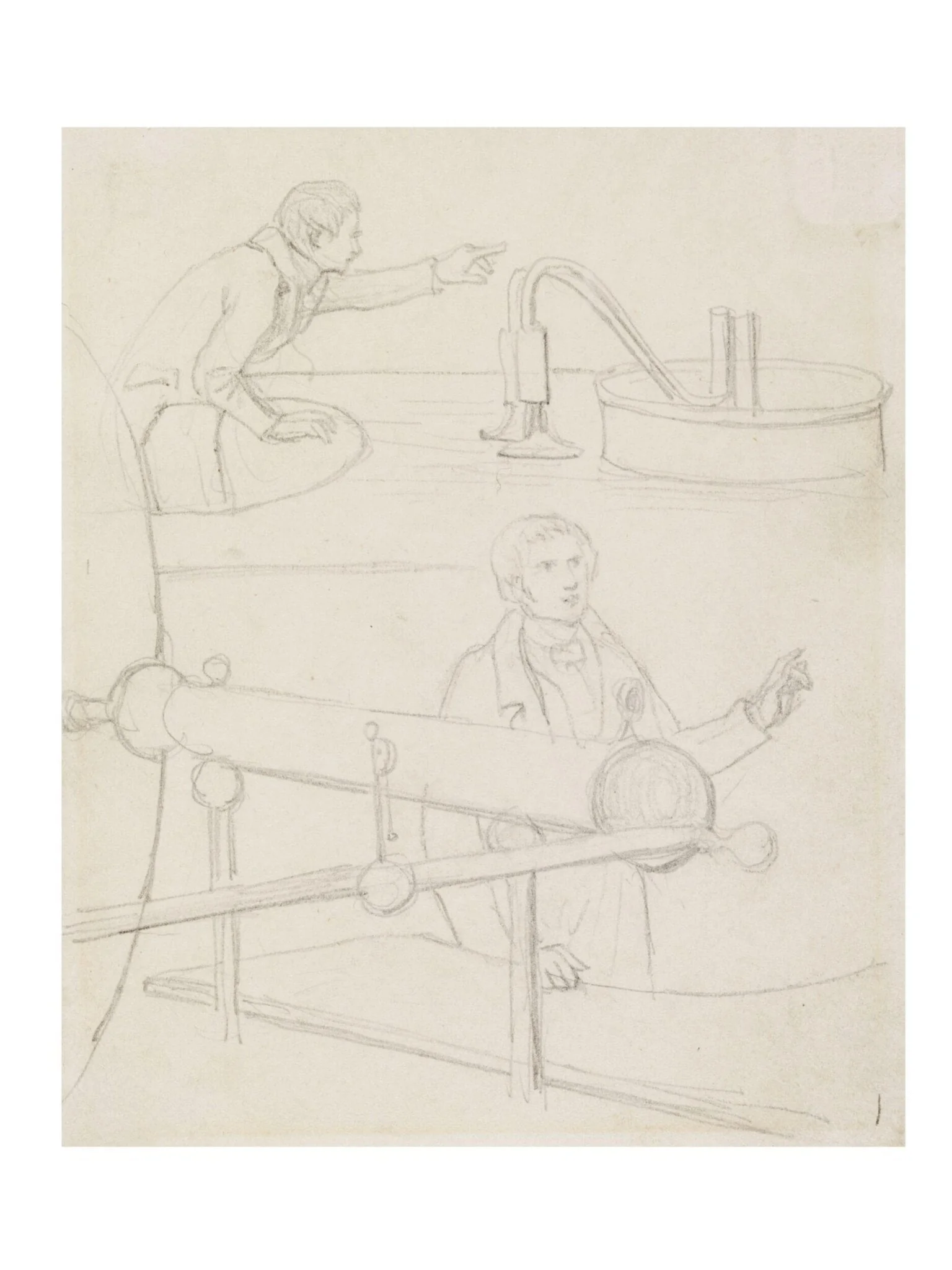 Sketch of two men with large machinery, by Daniel Maclise, 1825