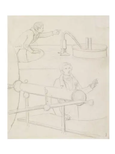 Sketch of two men with large machinery