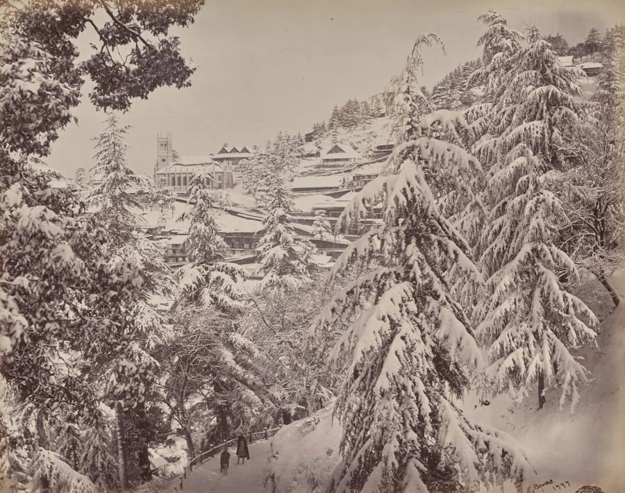 Shimla. View of the Church from Mount Jakko Looking West with Part of the Mall in Winter, by Samuel Bourne, 1866