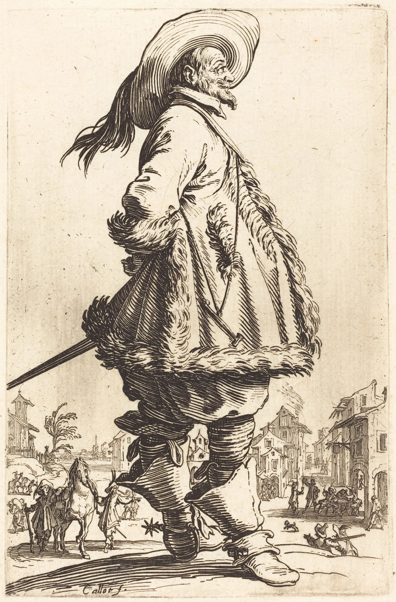 Noble Man with Mantle Trimmed in Fur,  Holding his Hands Behind his Back, by Jacques Callot, ink, 1622